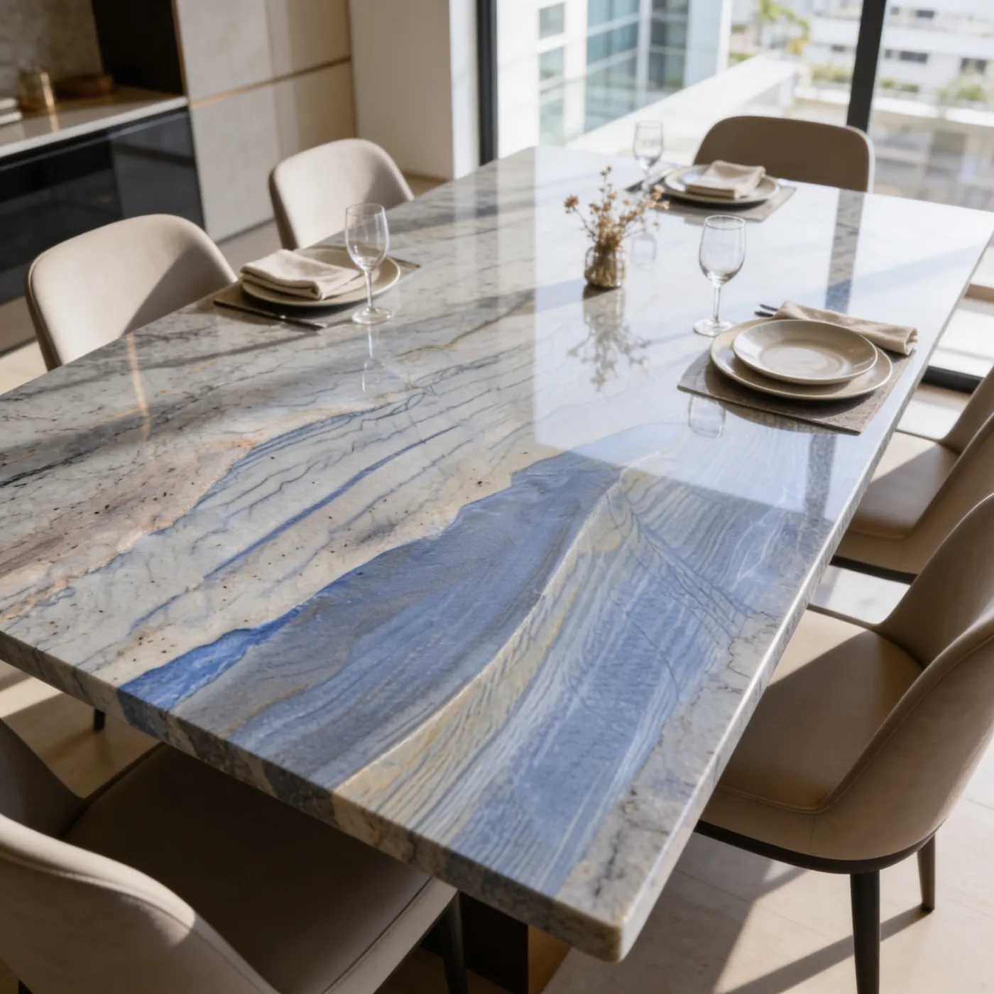 Mesa de jantar em quartzito Azul Macaúbas