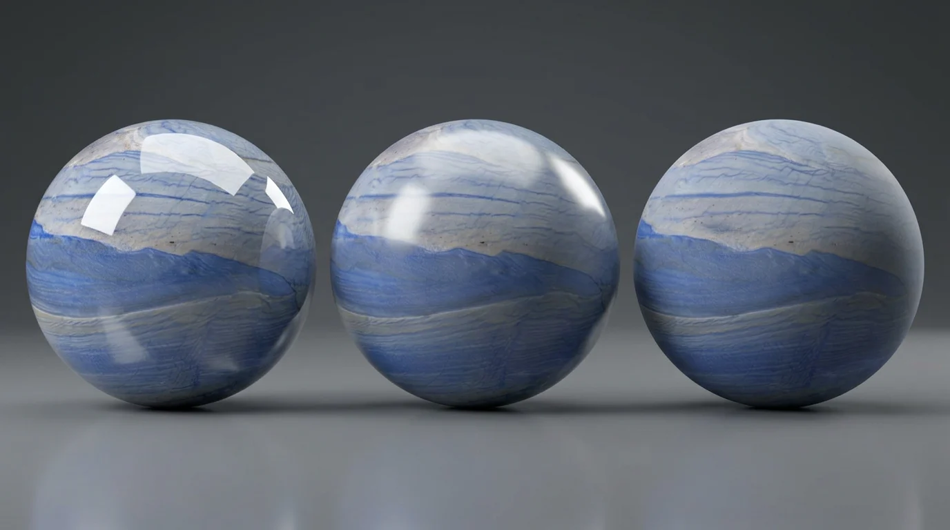 Shader Balls do quartzito Azul Macaúbas — acabamento polido
