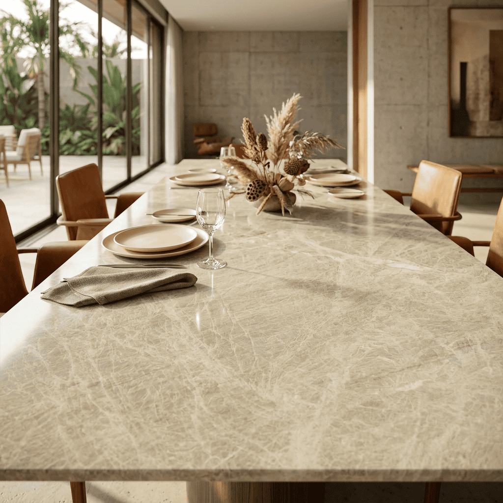 Sala de jantar com aplicação do quartzito Belvedere